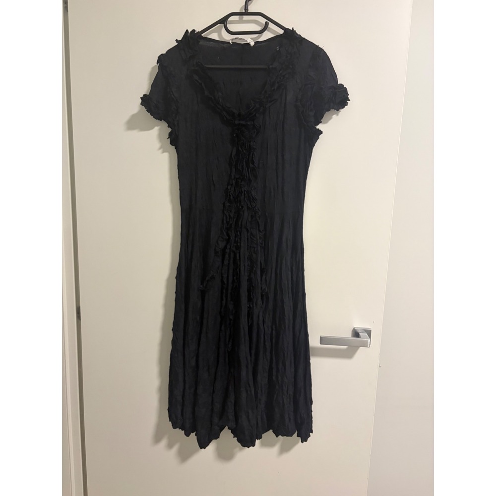 Lauren Vidal‎ Black Crinkle Ruffle Midi Dress Whimsigoth Fairy Grunge Womens M